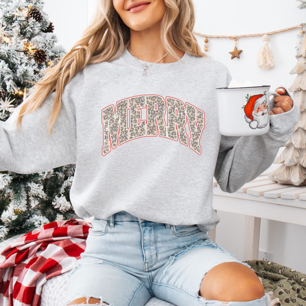 Collegiate Leopard Merry Sweatshirt, Heather Gray